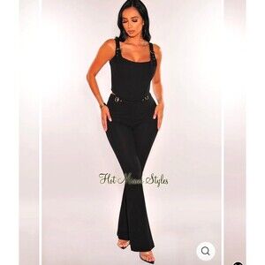 Hot Miami style BLACK CORSET BONED SLEEVELESS BUCKLE WIDE LEG PANTS TWO PIECE SE